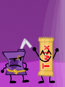 a cartoon drawing of a drink and a candy bar that says twix