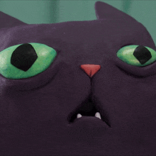 a close up of a purple cat 's face with green eyes