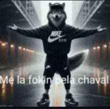 a husky wearing a nike hoodie is standing with his arms outstretched in a dark room .