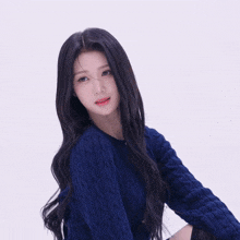 a woman with long hair wearing a blue sweater looks at the camera