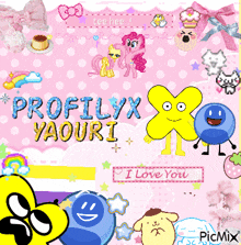 a pink background with cartoon characters and the words profilyx yaouri i love you
