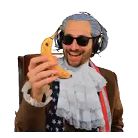a man wearing a wig and sunglasses holds a banana