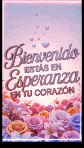 a sign that says bienvenido estas en esperanza en tu corazon with flowers in the background