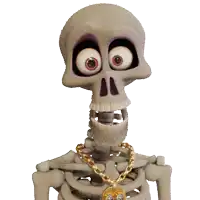 a cartoon skeleton with big eyes and a gold chain