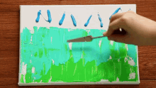 a person is using a spatula to spread blue and green paint