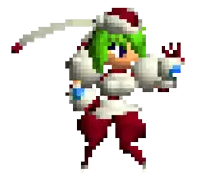 a pixel art of a girl with green hair wearing a white hat and red pants
