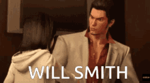 a man in a suit is talking to a woman and the words will smith are visible