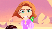 a cartoon girl with brown hair and green eyes is holding a green frog