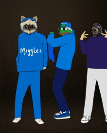 a cartoon of a cat wearing a sweater that says ' miggles '