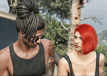 a man with dreadlocks and a woman with red hair looking at each other