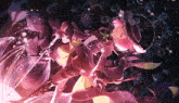 a girl with pink hair is holding a sword in a dark room