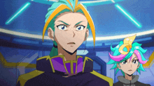a couple of anime characters standing next to each other one has a purple jacket on