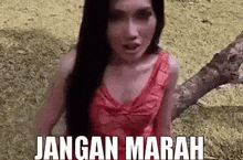 a woman in a red dress is standing next to a tree branch with the words `` jangan marah '' written on it .