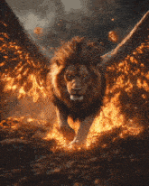 a lion with wings is running through a field of flames