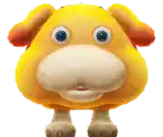 a stuffed animal with big eyes and a big nose is standing on its hind legs .