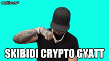 a man wearing a ny hat and a necklace says skibidi crypto gyat