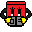 a pixel art drawing of a red and black object with the letter e in the middle