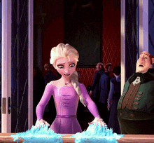 a cartoon character in a purple dress stands in front of a group of people