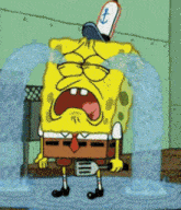 a cartoon of spongebob holding a spatula crying