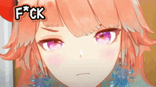 a close up of a girl with the words f * ck above her head