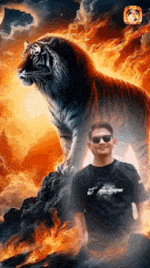 a man wearing sunglasses stands in front of a tiger