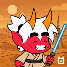 a cartoon character is holding a blue light saber in front of a desert landscape