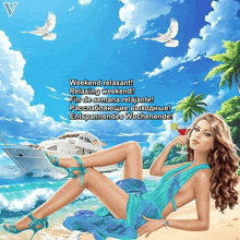 a woman laying on a beach with a drink in her hand