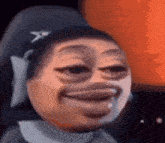 a close up of a person 's face with a beard making a funny face while sitting in a chair .