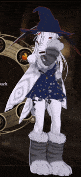a cartoon character wearing a witch hat and gloves