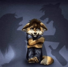 a furry animal sitting in front of a shadow of a person