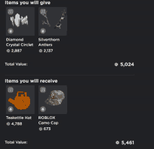 a screenshot of items you will receive and total value