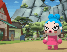 a cartoon character with blue hair and a pink dress is standing in front of a sign that says ' oasis '