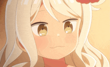 a close up of a girl 's face with long blonde hair