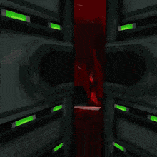 a computer generated image of a red cave with a giant monster in the background