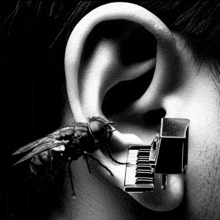 a fly is sticking its head into a person 's ear with a piano in it