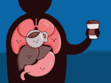 a cartoon of a person holding a cup of coffee in their stomach