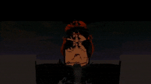 a cartoon character with glasses and a red hat is standing in a dark room