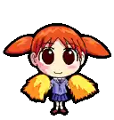 a pixel art drawing of a little girl with orange hair holding cheerleader pom poms .