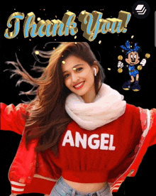 a woman wearing a red angel sweater is surrounded by the words thank you