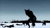 a silhouette of a werewolf is standing in the snow