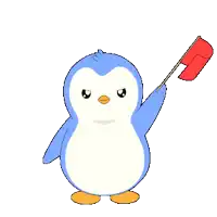 a blue and white penguin is holding a red flag in its hand