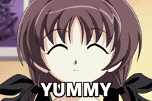 a picture of a girl with the word yummy written on it