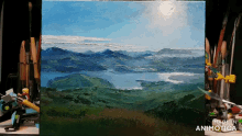a painting of a lake with mountains in the background made by animatica