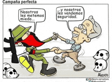 a cartoon of a soldier and a man with skulls around them