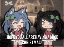 two anime girls are standing next to each other with the words " i hope you all are having a good christmas " on the bottom
