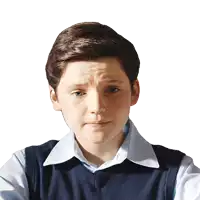 a young man wearing a blue vest and a white shirt makes a funny face
