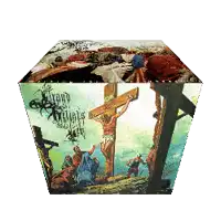 a cube with a painting of jesus on the cross and the word angels written on it