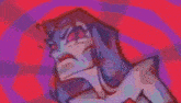 a cartoon drawing of a woman with red eyes and blue hair making an angry face .