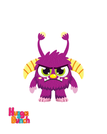a purple monster with horns and the words hugga bunch behind it