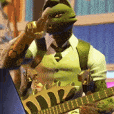 a video game character is playing a guitar